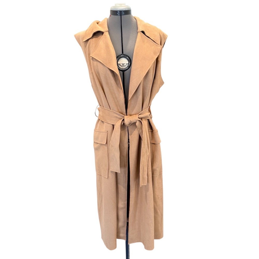 Solitaire Ravi Khosla Womens XL Tan Faux Suede Longline Vest Belted Duster NWT - Picture 3 of 8
